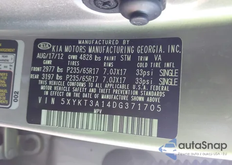 2013 Kia Sorento Lx z USA, uszkodzony, nr VIN 5XYKT3A14DG371705